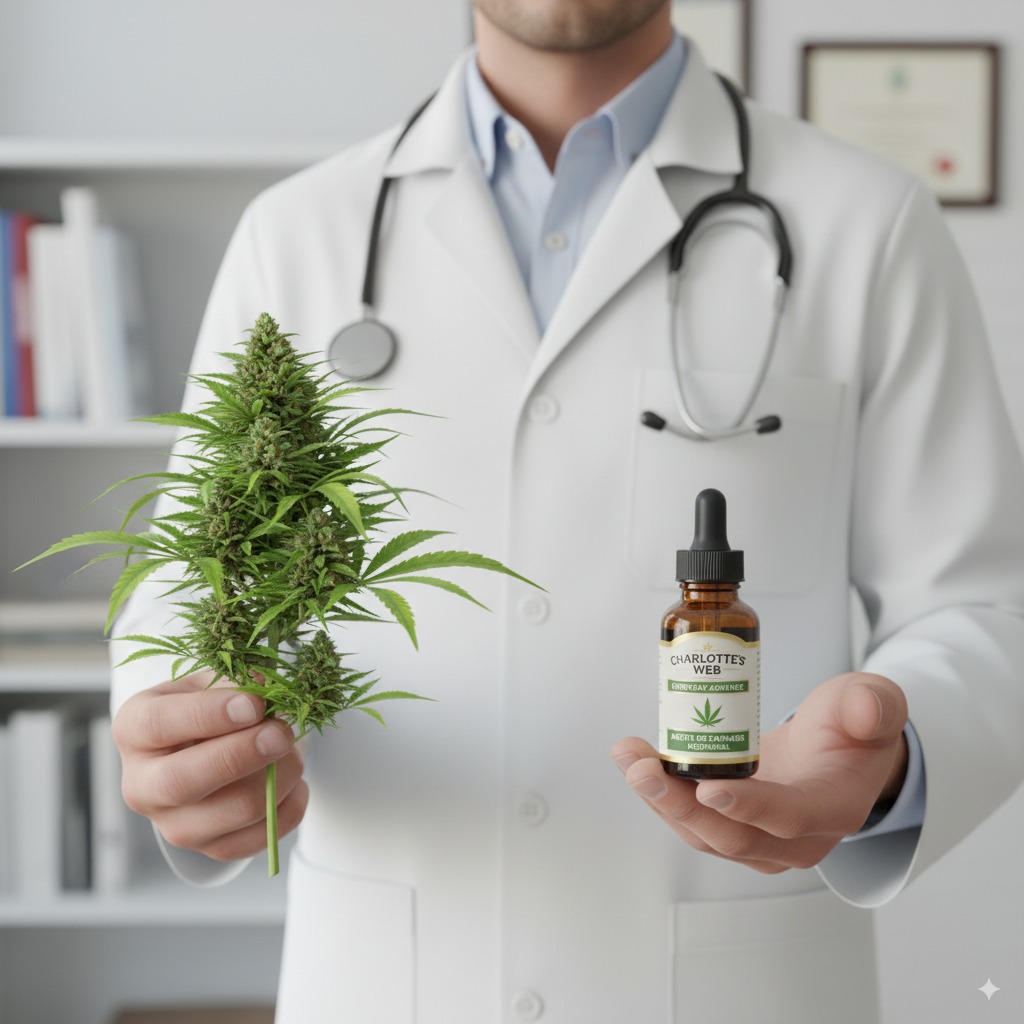 Frasco de aceite de cannabis medicinal con una planta de fondo, representando el tratamiento para la epilepsia