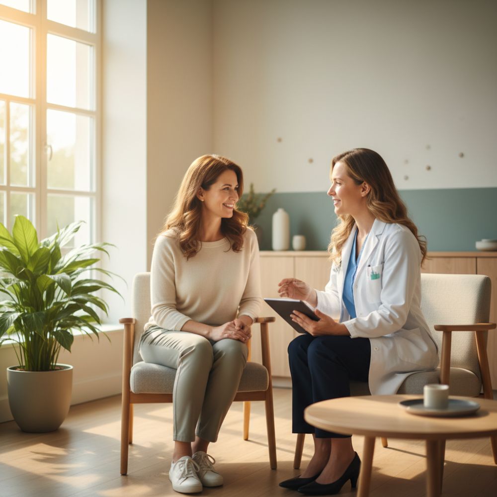 Paciente conversando con profesional de la salud en un entorno clínico empático