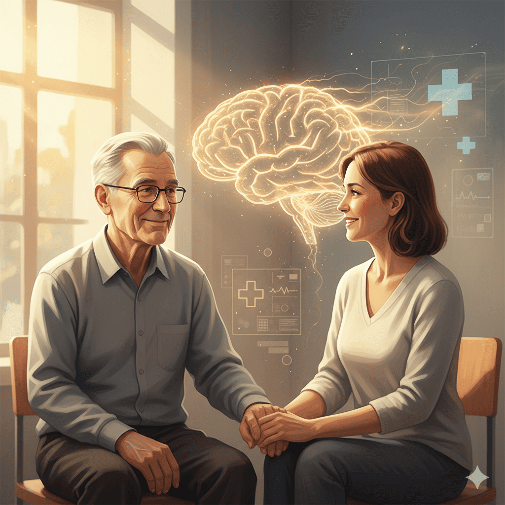 Representación de un paciente recibiendo tratamiento de aféresis o reemplazo plasmático, con el símbolo de la justicia de fondo, para enfermedad de Alzheimer