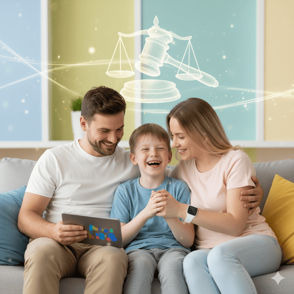 Representación de un niño con autismo recibiendo un tratamiento, simbolizando esperanza y apoyo legal, con símbolos de justicia y salud