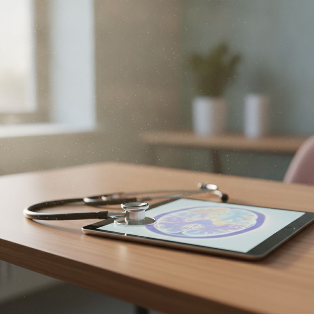 Representación de un especialista médico analizando estudios neurológicos avanzados en una clínica de alta complejidad