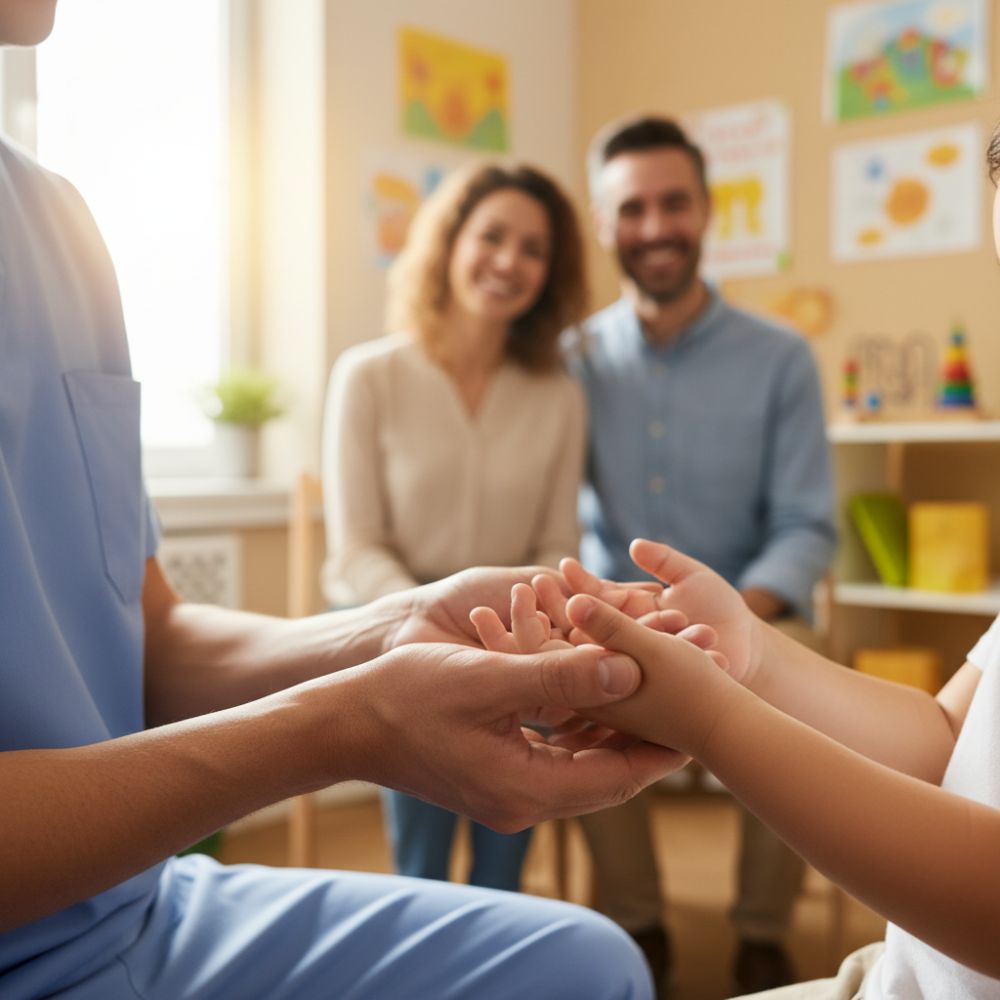 Asistente terapéutico brindando apoyo a un joven en su hogar en un ambiente cálido y profesional