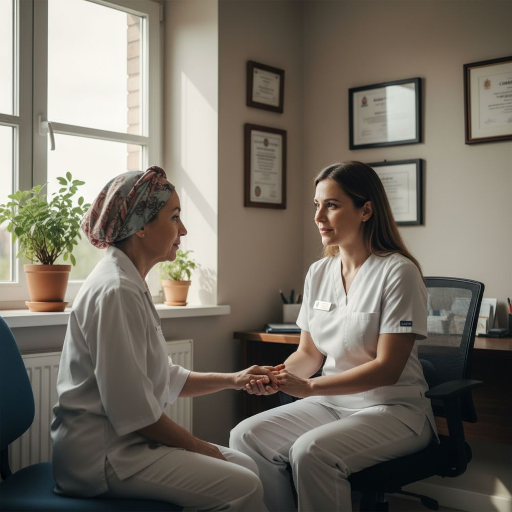 Médico especialista dialogando con paciente en un entorno clínico profesional