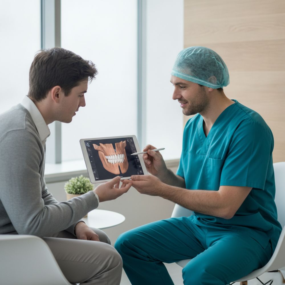 Médico cirujano explicando detalladamente un procedimiento de reconstrucción maxilar a un paciente en un consultorio clínico