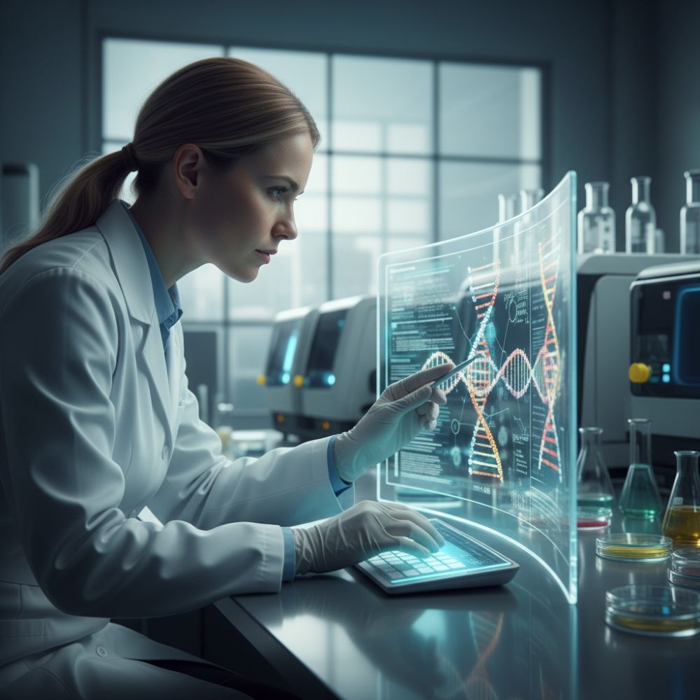 Profesional de la salud analizando resultados de pruebas genéticas en un entorno clínico moderno