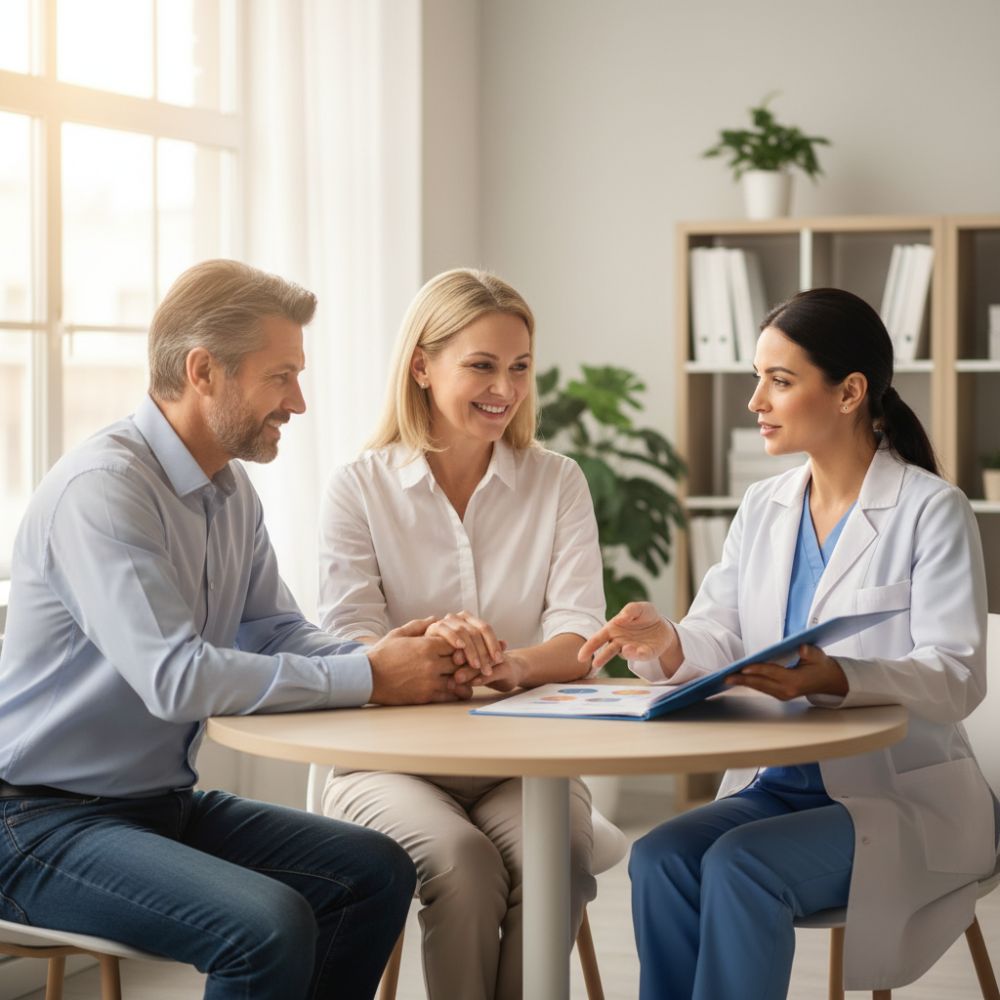 Médico especialista en fertilidad explicando un procedimiento a una paciente en un entorno clínico empático