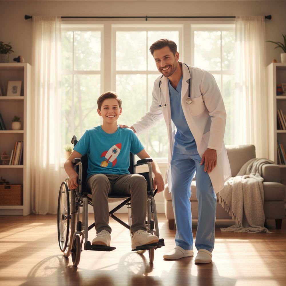 Niño recibiendo atención médica especializada en un entorno cálido, representando la esperanza en tratamientos para enfermedades neuromusculares