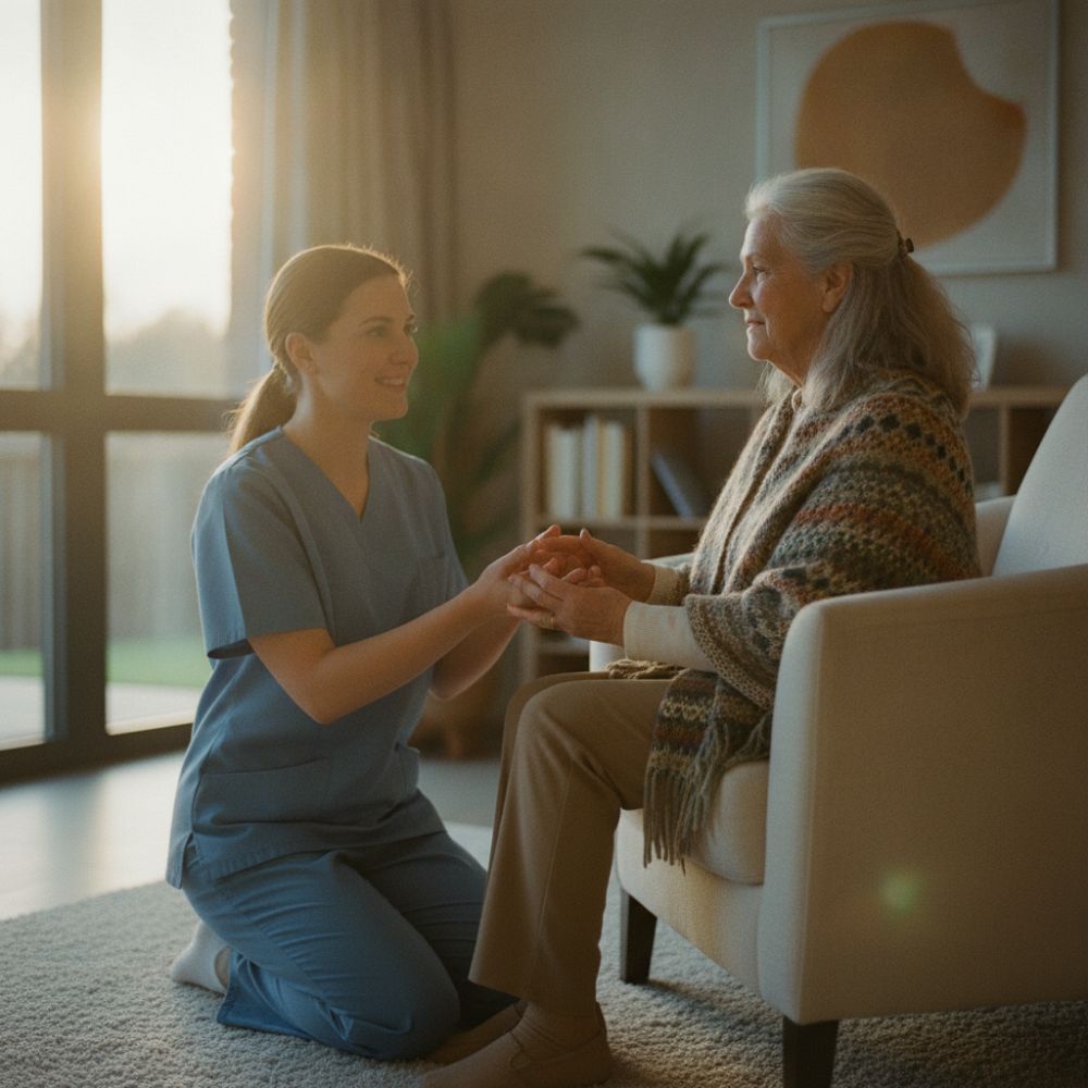 Persona mayor asistida con calidez por personal de salud en una residencia geriátrica, reflejando cuidado y rehabilitación