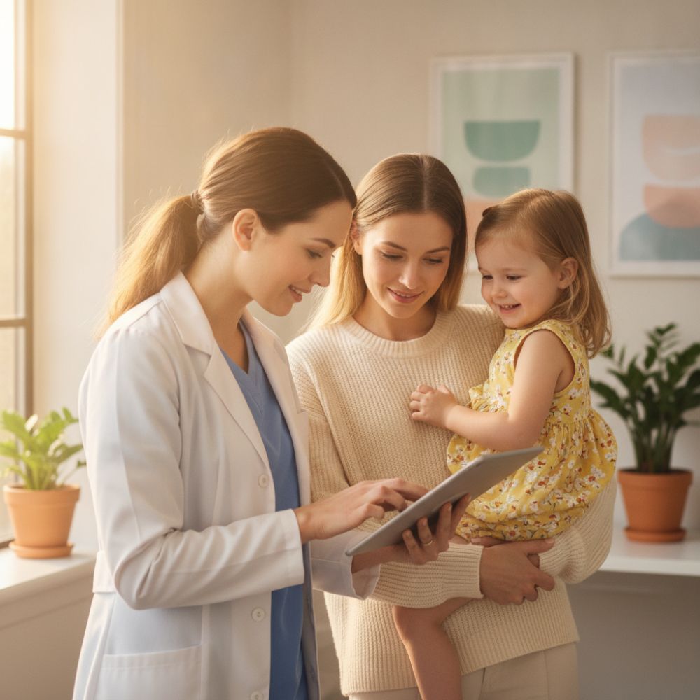 Representación de una consulta médica pediátrica en un entorno de cuidado y contención familiar