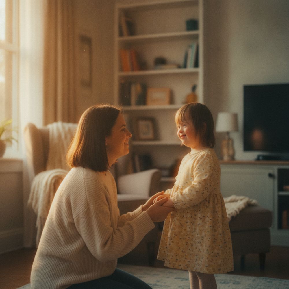 Representación de una niña utilizando equipamiento ortopédico en un entorno de cuidado familiar y de salud