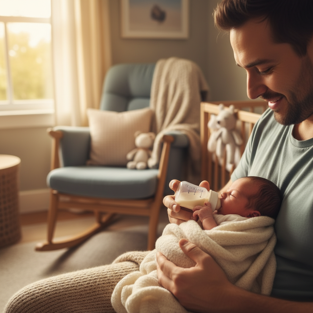 Manos de un adulto sosteniendo a un bebé mientras un biberón con leche especial es visible en el fondo, simbolizando cuidado y nutrición. 