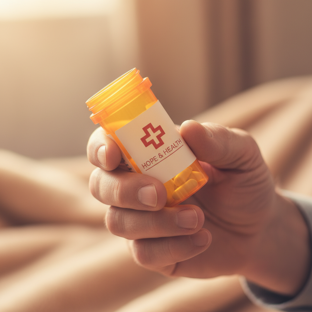 Representación de manos sosteniendo medicación importante con un enfoque cálido y un fondo médico difuso.