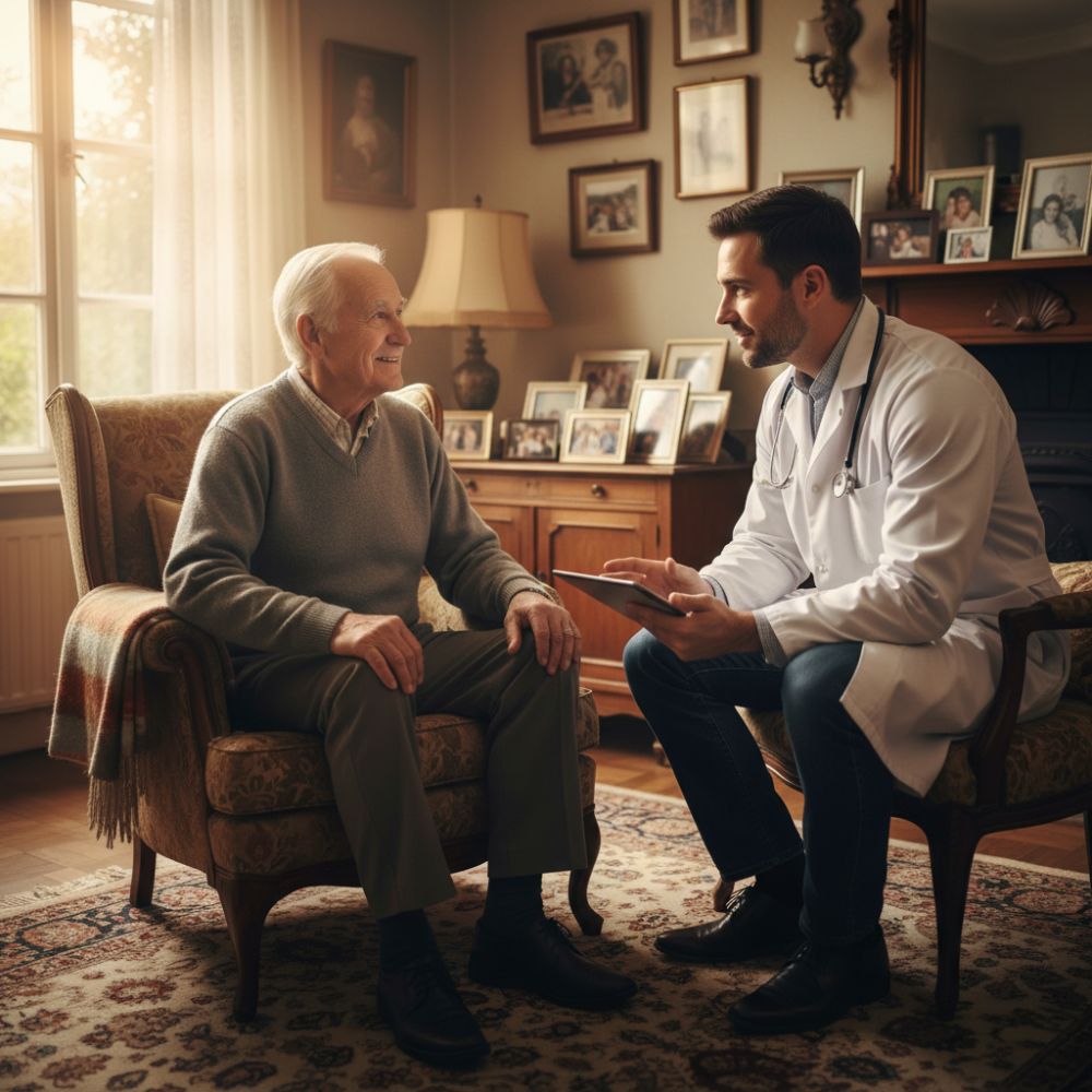 Médico profesional explicando un tratamiento oncológico a un paciente adulto mayor en un entorno cálido
