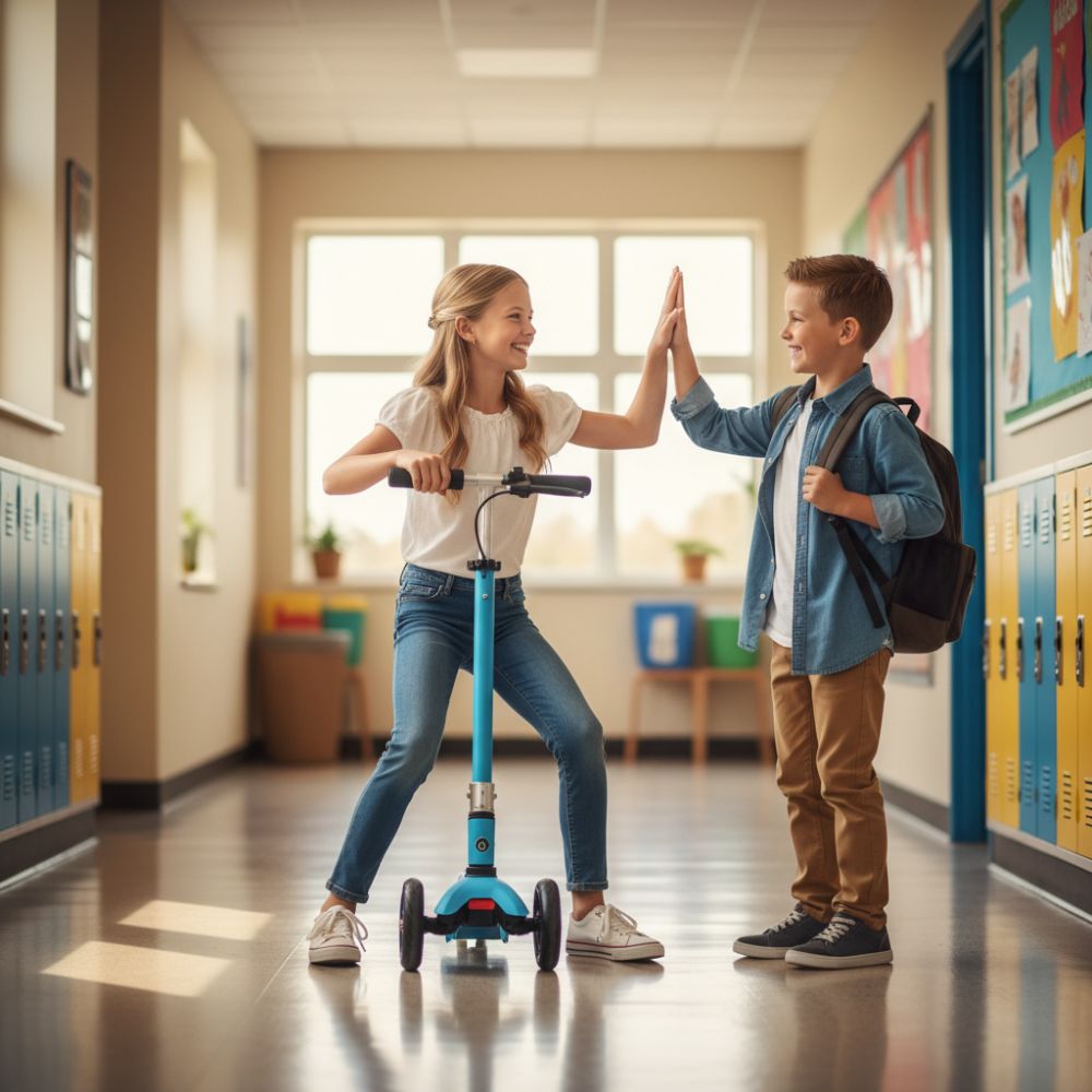 Niña con movilidad reducida desplazándose de forma independiente en un dispositivo de movilidad motorizado en un entorno escolar
