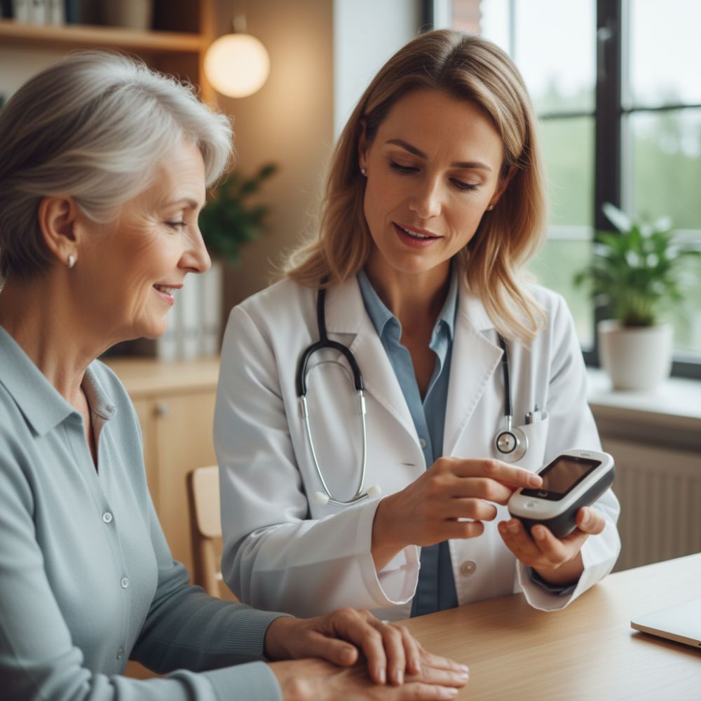 Paciente adulta mayor realizando un monitoreo de glucosa con sensor en un entorno familiar cálido