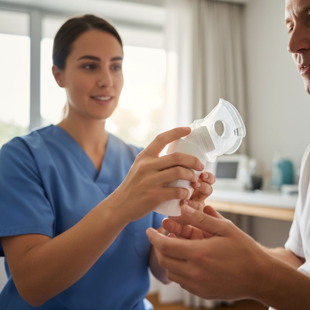 Médico especialista explicando un procedimiento pulmonar a una paciente en consulta