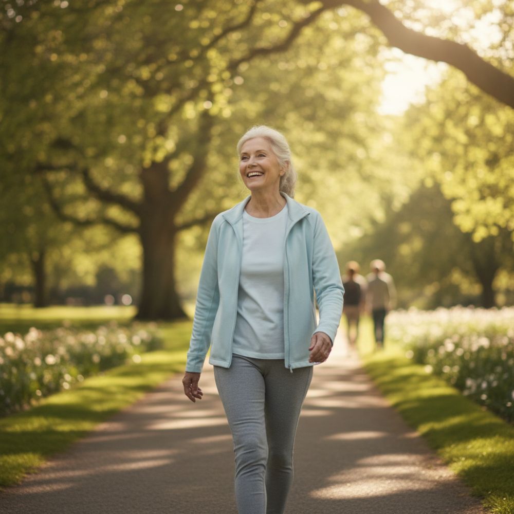 Mujer de 66 años sonriente en una consulta médica cálida y empática recibiendo atención profesional de salud