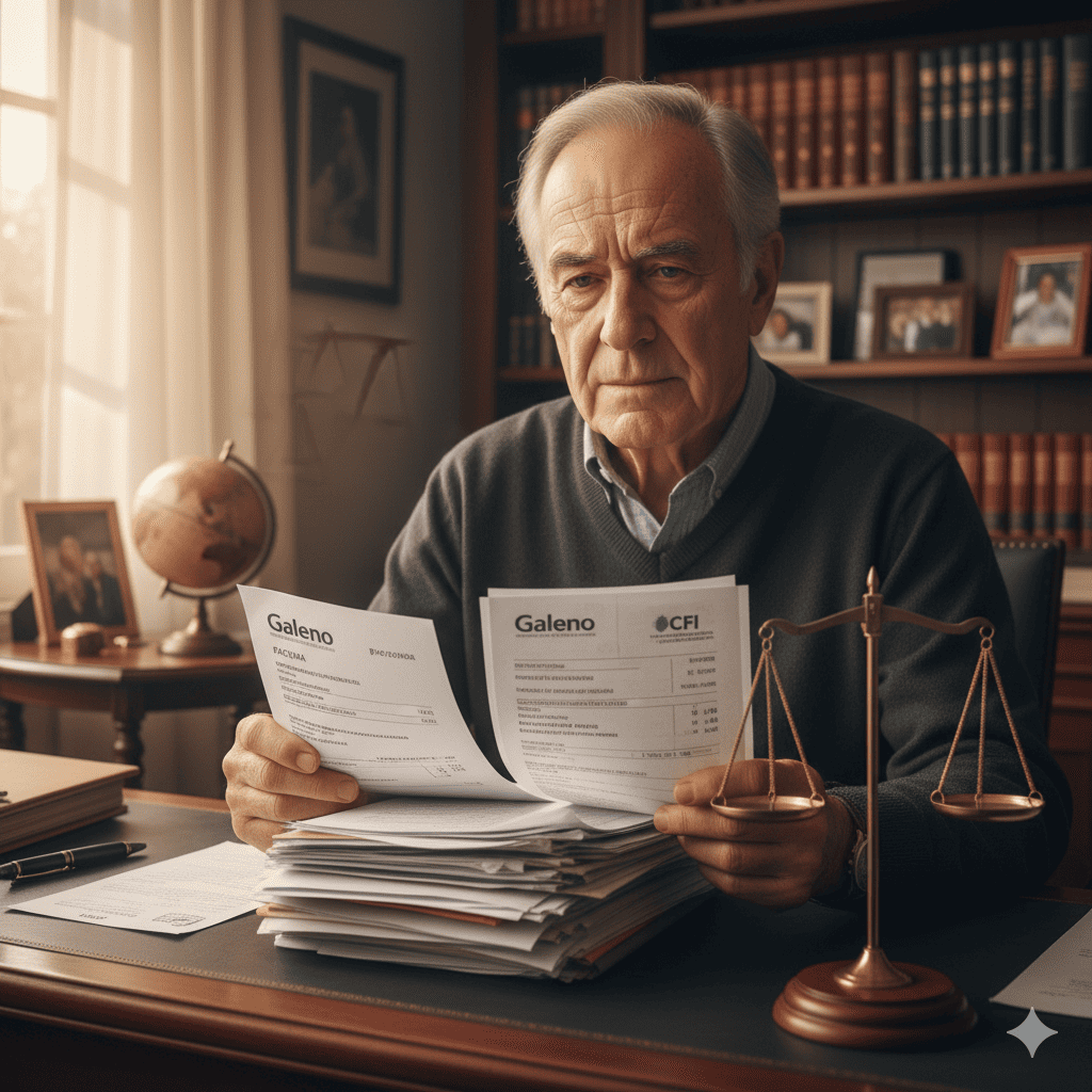 Representación de un adulto mayor analizando facturas de medicina prepaga con símbolos de justicia y protección al consumidor