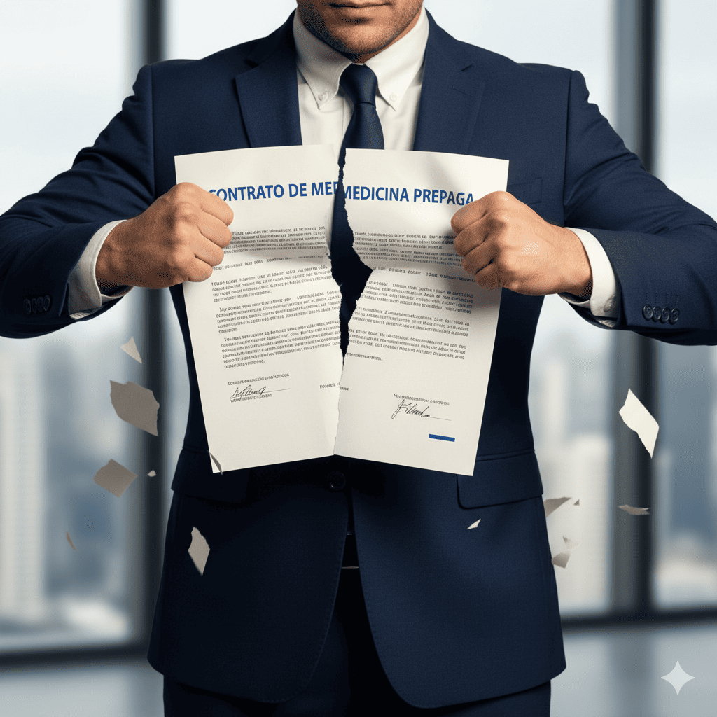 Documento de contrato de salud siendo anulado o roto, simbolizando la desafiliación unilateral por parte de una prepaga.