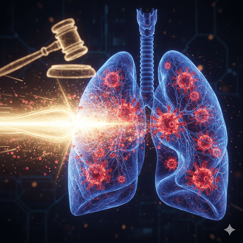 Representación de una molécula de Durvalumab interactuando con células cancerosas en un entorno pulmonar, con un martillo de justicia de fondo