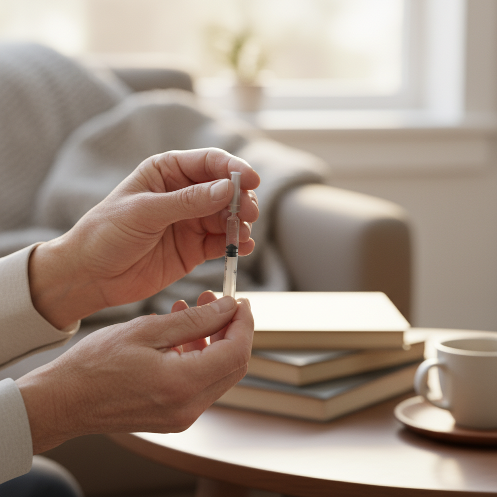 Imagen ilustrativa de manos sosteniendo una jeringa y un paciente con esclerosis múltiple recibiendo apoyo médico en un entorno cálido y profesional
