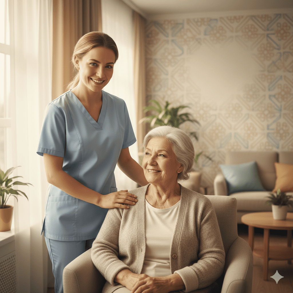 Representación de una persona mayor con deterioro cognitivo recibiendo cuidado en un geriátrico, con el logo del Hospital Italiano y símbolos de justicia