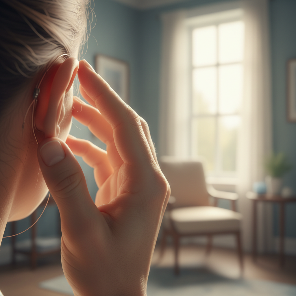 Representación de una persona recuperando la audición con un implante coclear, simbolizando esperanza y acceso a la salud