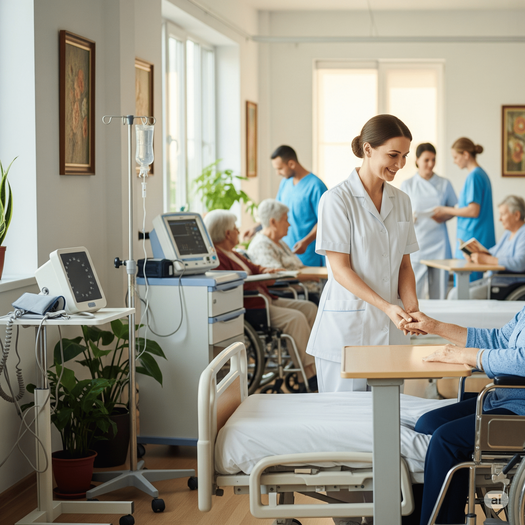 Internación en institución geriátrica con profesionales de la salud atendiendo a adultos mayores, ilustrando la cobertura obligatoria