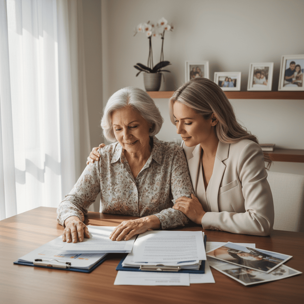 Imagen de una familia de adulto mayor con su hija, simbolizando la continuidad y el apoyo en la cobertura de salud