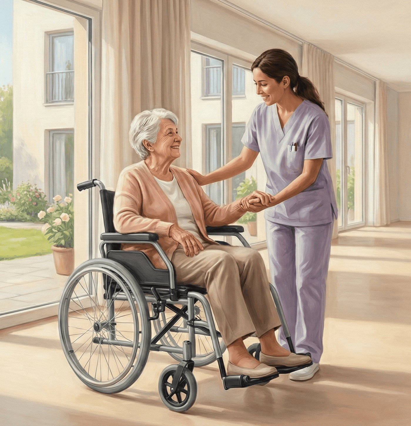 Representación de una persona mayor con discapacidad recibiendo atención en una residencia, con elementos médicos y legales alusivos a la cobertura de salud