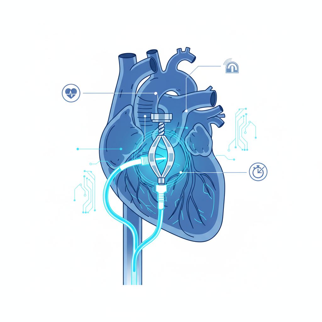 Representación de un corazón con arterias, stents y una válvula aórtica junto a símbolos de justicia y cuidado médico, en un tono que refleja urgencia y resolución legal.