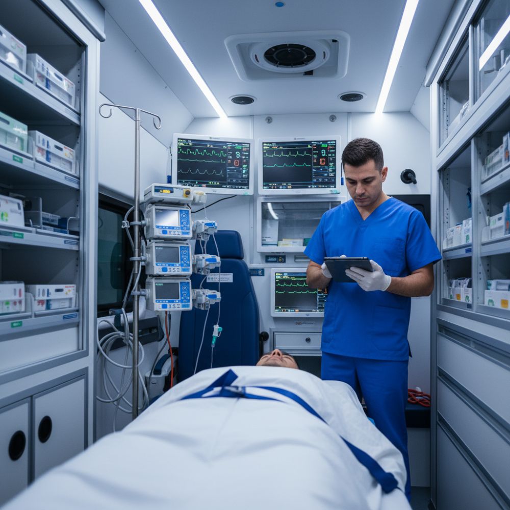 Personal médico especializado realizando un traslado en ambulancia de alta complejidad
